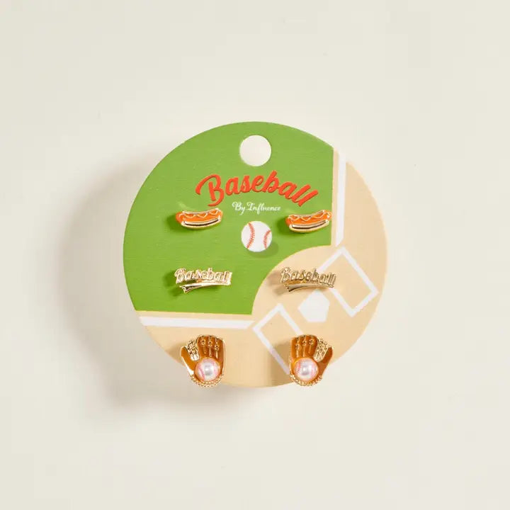 Baseball Glove Ball Hot Dog 3 Pair Earring Set